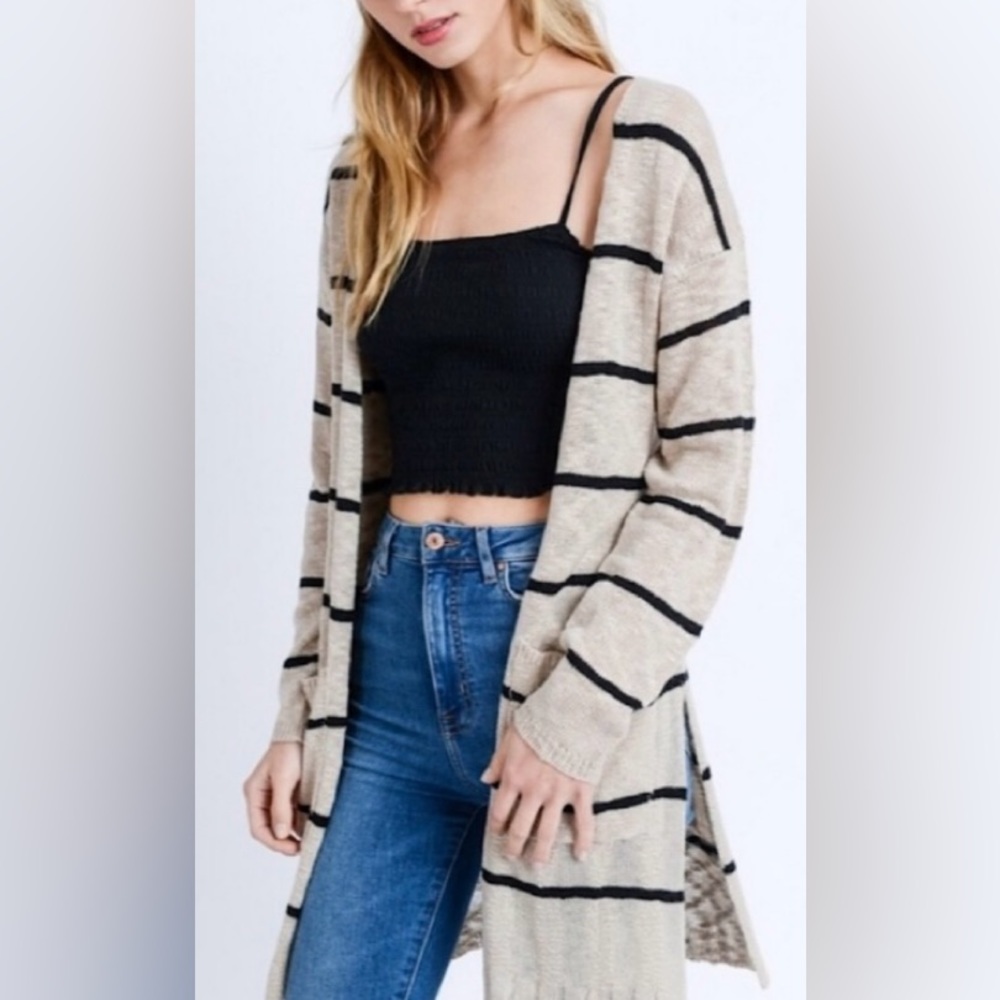 Love Tree Knee Length Cardigan in Black & Tan Light Weight With Pockets